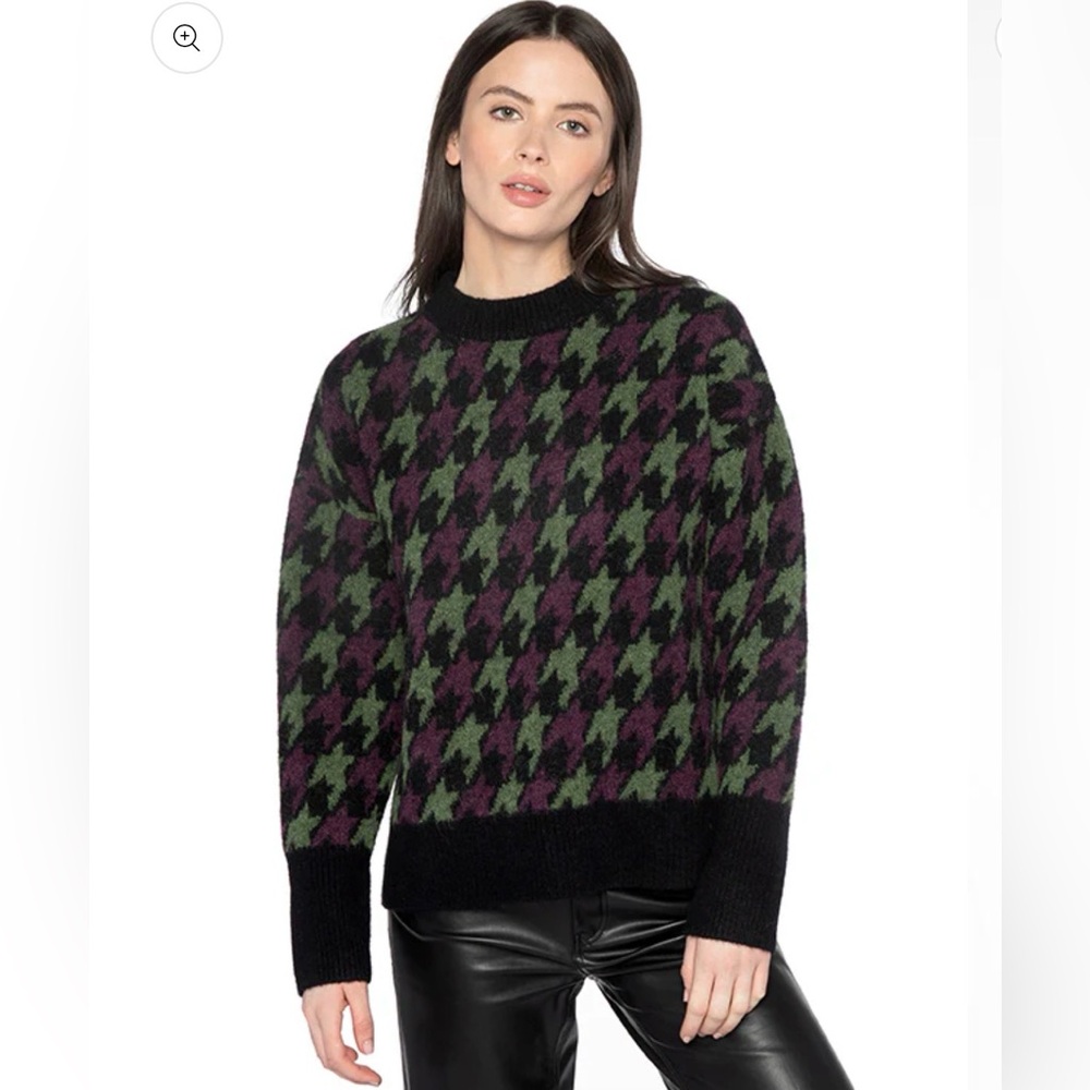 Kinross Alpaca Blend Houndstooth Crew Sweater - Black, Purple, Green